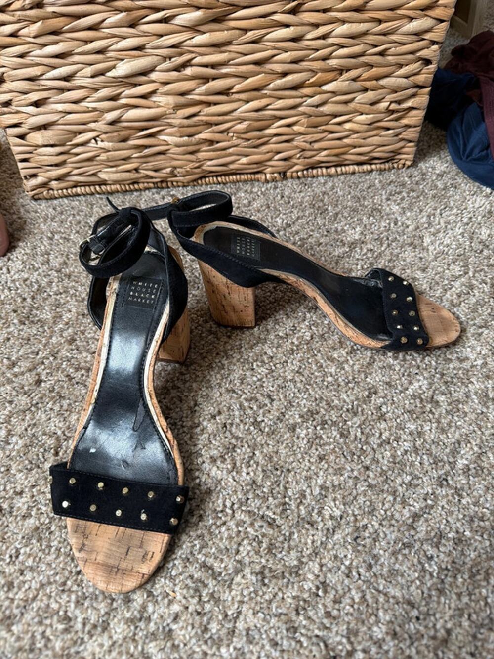 White House, Black market, suede, gold stud, ankle strap, cork heel 7 726